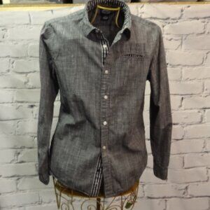 First Wave Long Sleeve Button Down Gray & Black Shirt w/Front Pocket